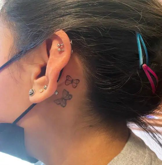 Twin Butterflies Behind the Ear Tattoo Piece