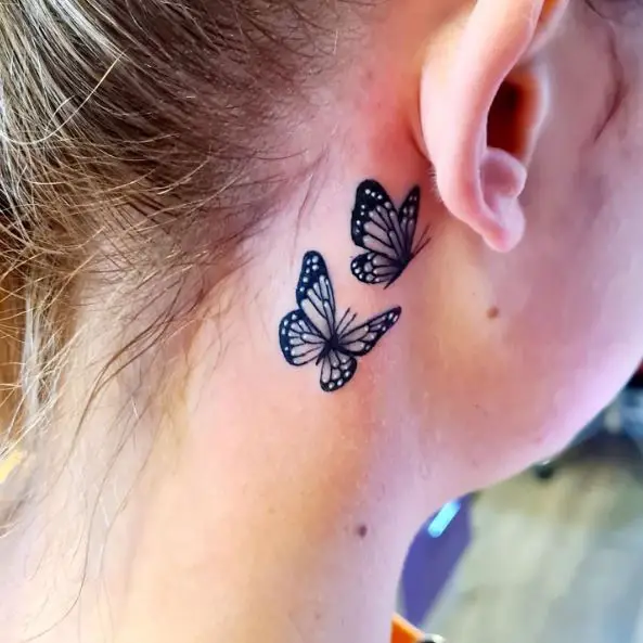 Twin Butterflies Behind the Ear Tattoo
