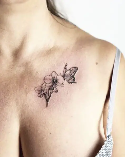Twin Orchids and Butterfly Chest Tattoo