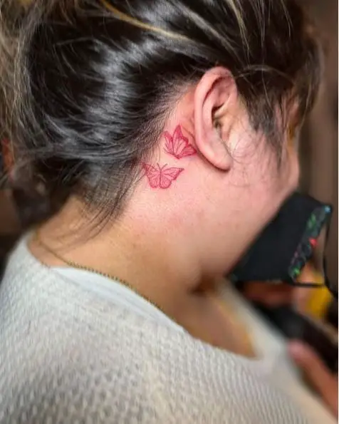 Twin Red Butterflies Tattoo Behind the Ear