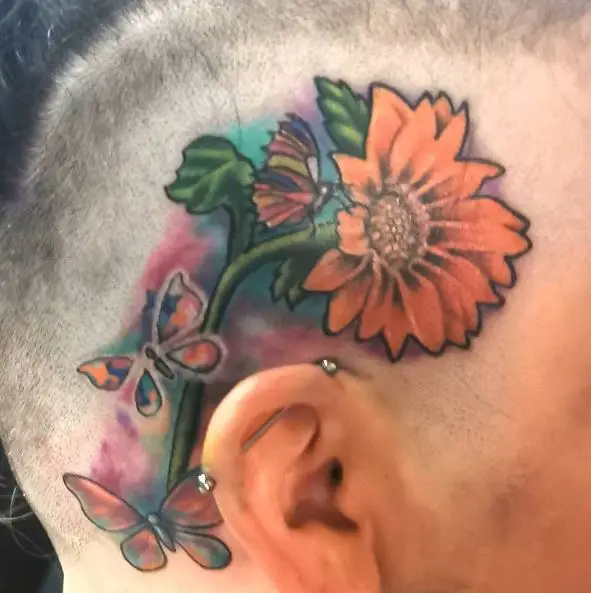 Watercolor Butterflies with Flower Tattoo Piece