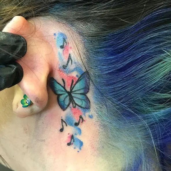 Watercolor Butterfly Tattoo Behind the Ear