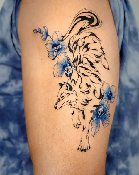 Wolf and Orchid Arm Tattoo
