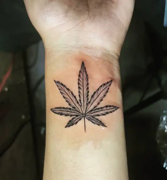 Black and Grey Marijuana Leaf Wrist Tattoo