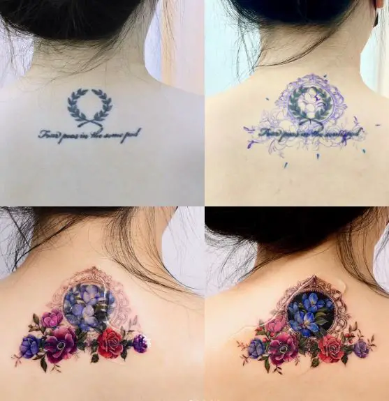 Mirror with Colorful Flowers Back Tattoo