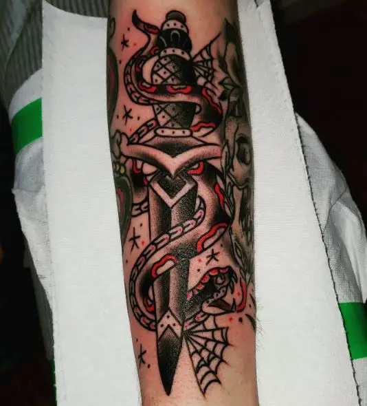 Black and Red Dagger and Snake Forearm Tattoo