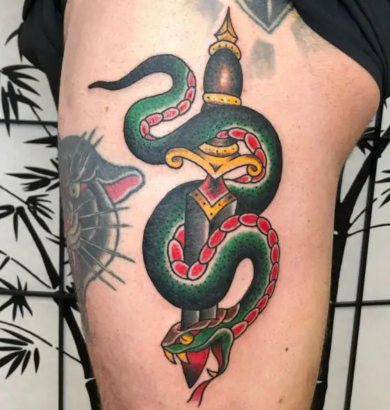 Traditional Colored Dagger and Snake Thigh Tattoo