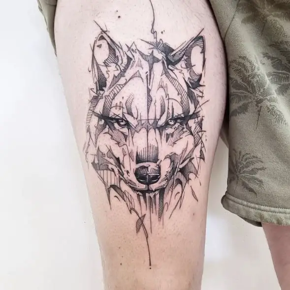 Grey Geometric Wolf Thigh Tattoo