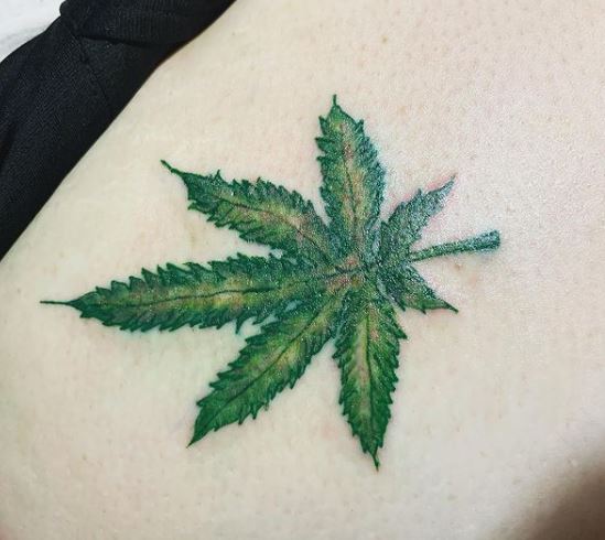 Shiny Green Marijuana Leaf Tattoo