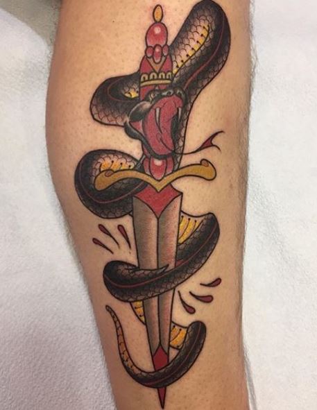 Dagger and Black Snake Forearm Tattoo