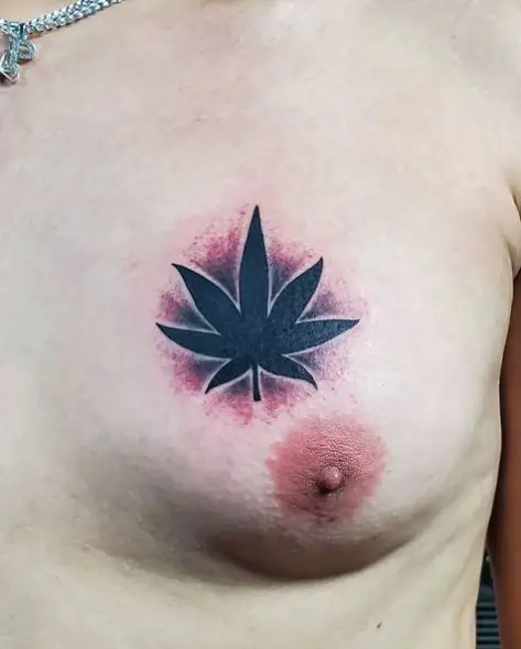 Black Marijuana Leaf Chest Tattoo