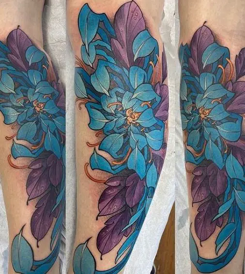 Blue and Violet Flowers Forearm Tattoo