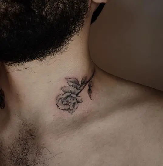 Black and Grey Rose Neck Tattoo