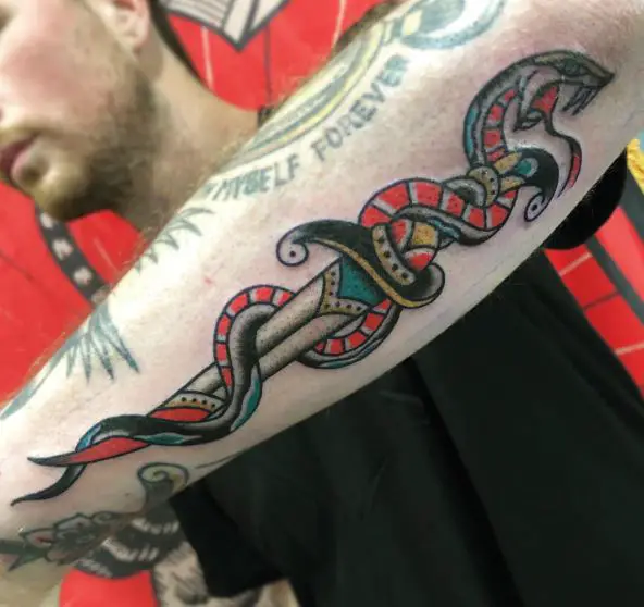 Black and Red Snake and Dagger Forearm Tattoo