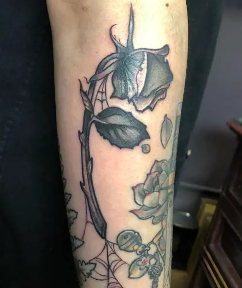 Spider Web on Dead Rose Forearm Tattoo