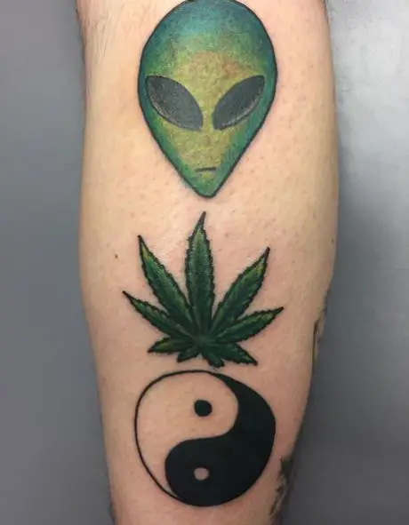 Marijuana Leaf with Alien and Yin Yang Calf Tattoo