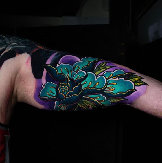 Colorful Chrysanthemum Biceps Tattoo