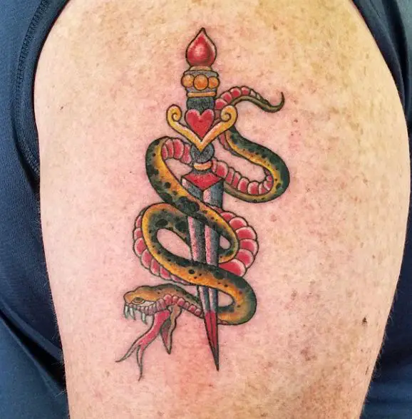 Dagger and Black and Green Snake Arm Tattoo