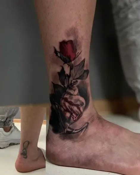 Bloody Hand with Red Rose Ankle Tattoo