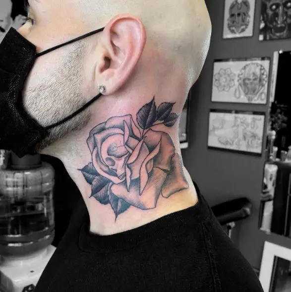 Skull and Rose Neck Tattoo