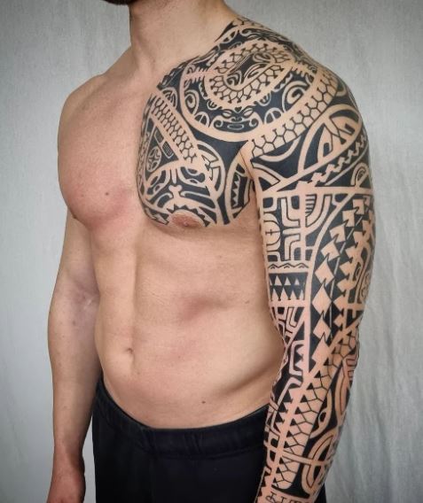 Samoan Tribal Chest and Arm Sleeve Tattoo