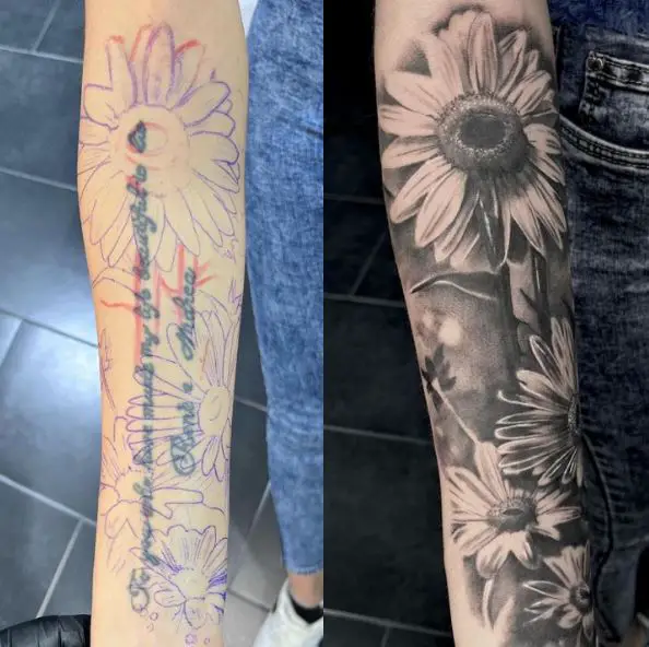 Black and Grey Sunflowers Forearm Tattoo