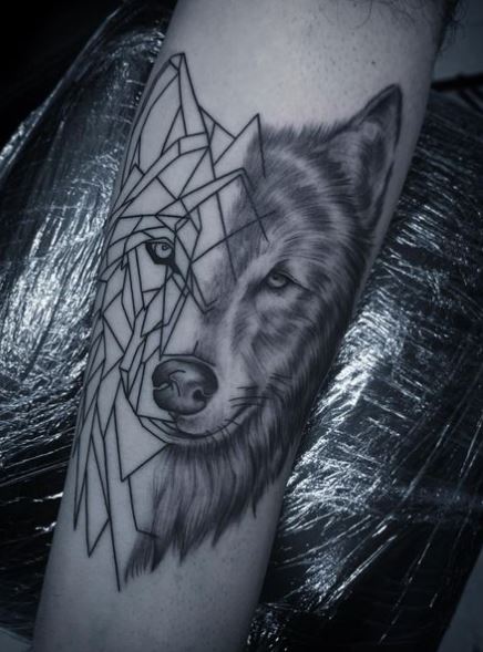 Half Realistic Half Geometric Wolf Arm Tattoo