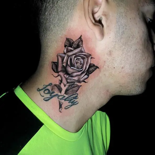 Grey Realistic Rose Neck Tattoo