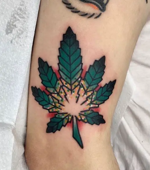 Colored Marijuana Leaf Elbow Tattoo
