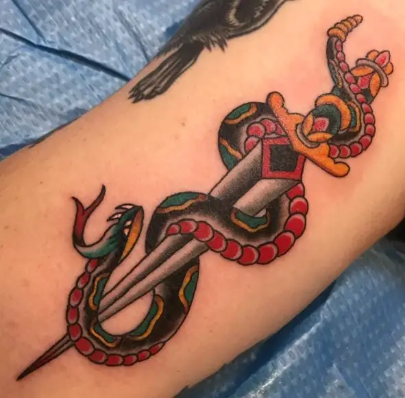Colored Dagger and Black Snake Tattoo