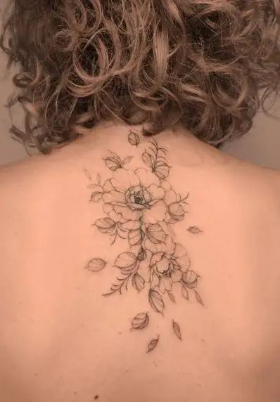 Grey Flowers and Leaves Spine Tattoo