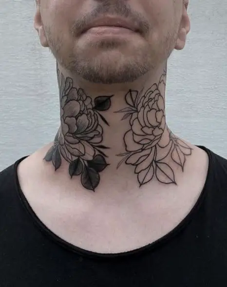 Black and Grey Flowers Neck Tattoo