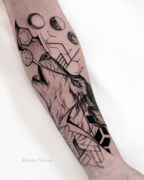 Geometric Forms and Wolf Forearm Tattoo