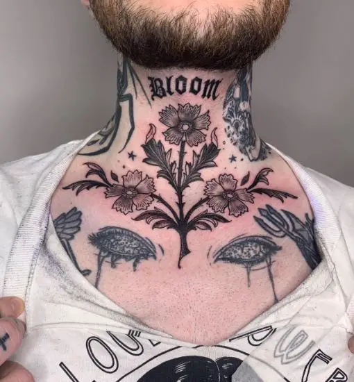 Bloom and Flower Throat Tattoo