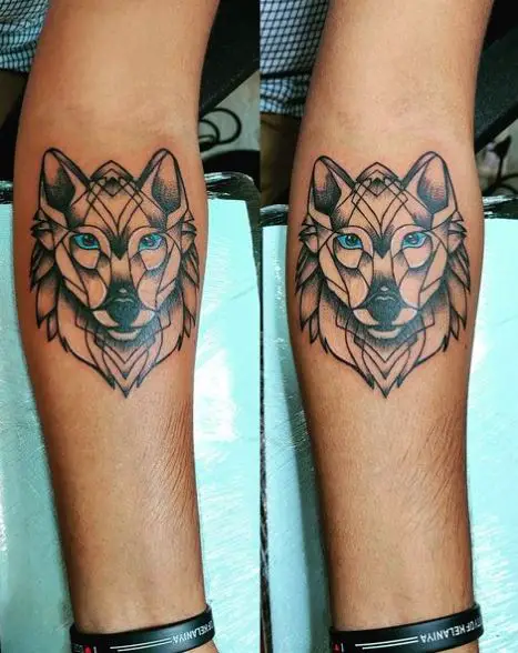 Geometric Wolf with Blue Eyes Forearm Tattoo