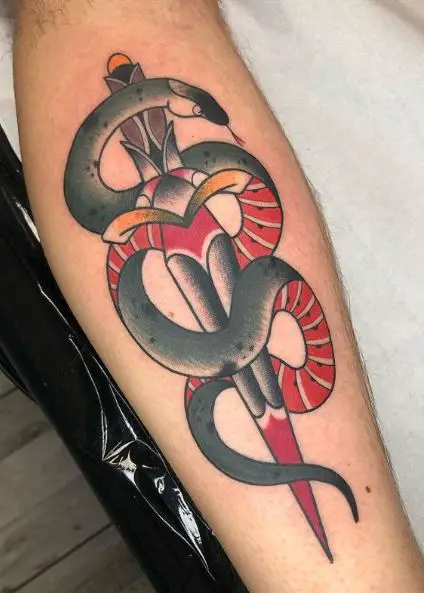 Black and Red Snake and Dagger Tattoo