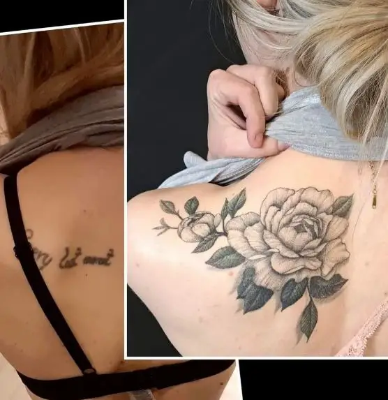 Black and Grey Rose with Leaves Shoulder Tattoo
