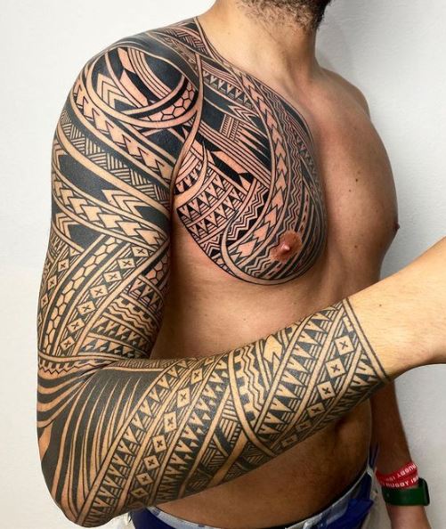 Samoan Ornament Chest and Arm Sleeve Tattoo