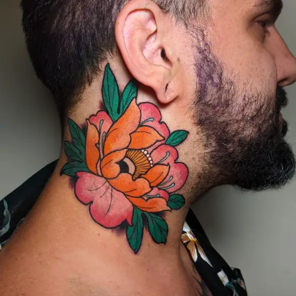 Colorful Peony Neck Tattoo