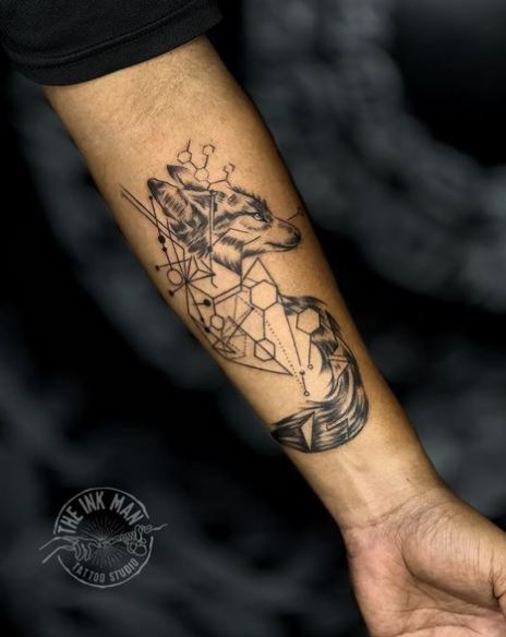 Geometric Forms and Wolf Forearm Tattoo