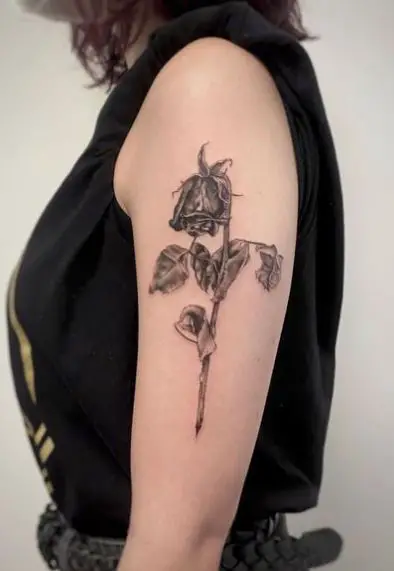 Black and Grey Dead Rose Arm Tattoo