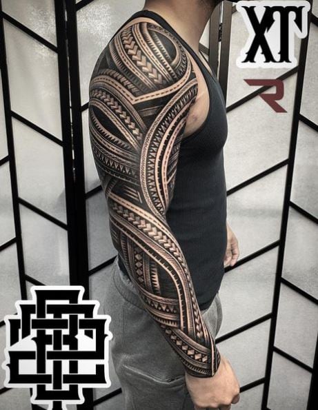 Samoan Ornament Shoulder and Arm Sleeve Tattoo