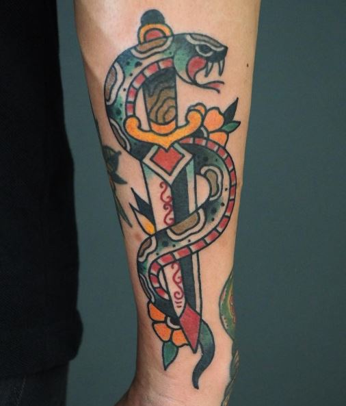 Colored Dagger and Snake with Flowers Forearm Tattoo