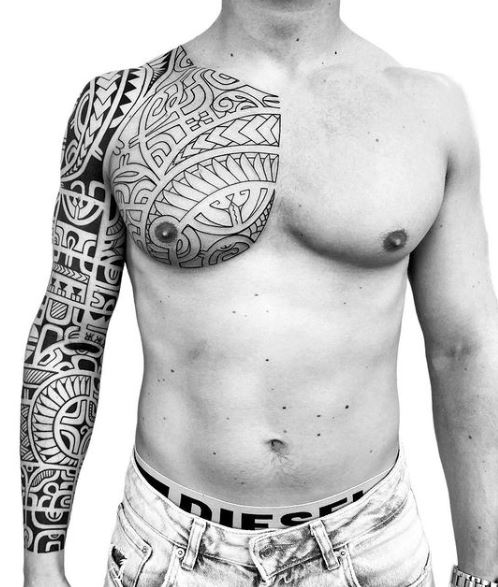 Black and White Samoan Chest and Arm Sleeve Tattoo