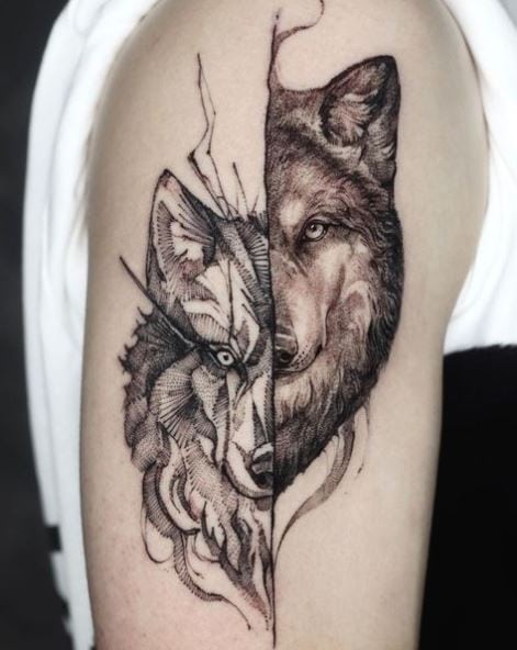 Half Realistic Half Geometric Wolf Arm Tattoo