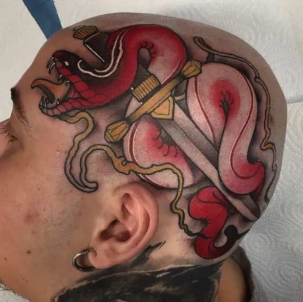 Dagger and Red Snake Head Tattoo
