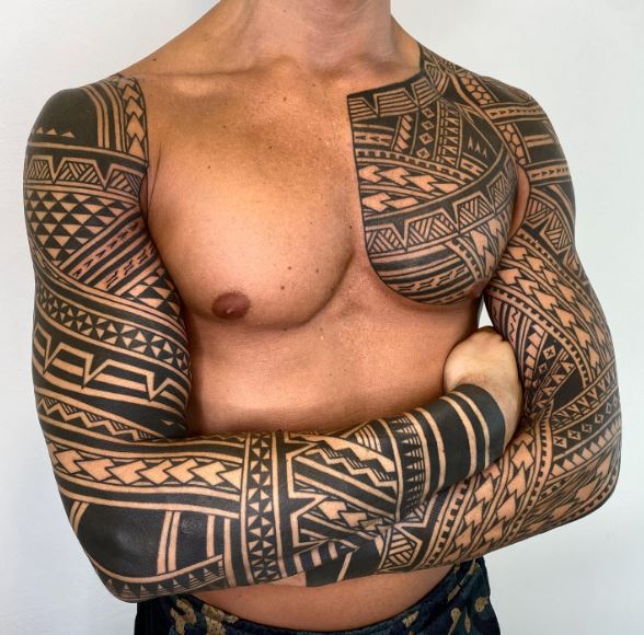 Samoan Tribal Chest and Arms Sleeve Tattoo