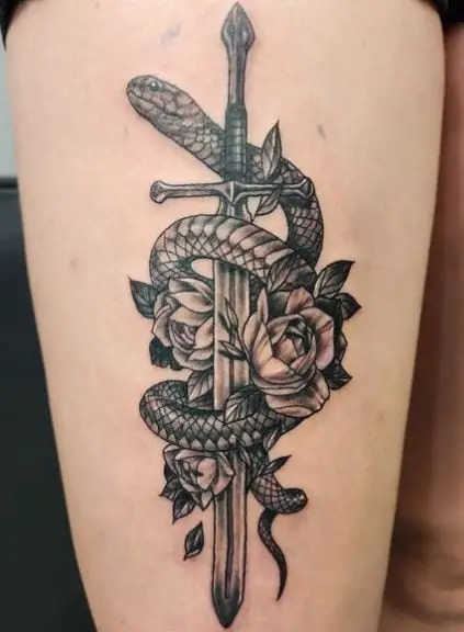 Black and Grey Snake and Dagger with Roses Thigh Tattoo