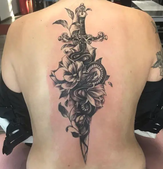 Black and Grey Snake and Dagger with Flowers Spine Tattoo