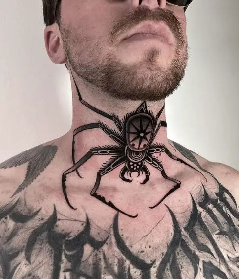 Black and White Spider Throat Tattoo